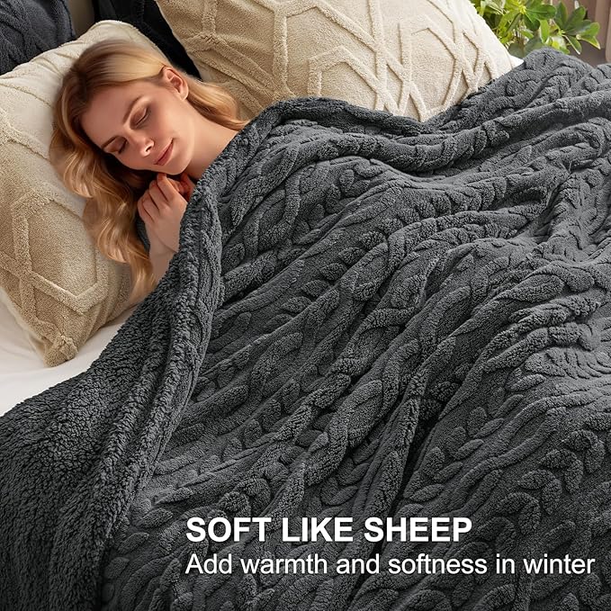 PHF Fluffy Sherpa Throw Blanket for Winter, Warm and Soft, 510GSM 3D Jacquard Thick Shaggy Fleece Plush Blanket for Couch, Dark Grey, 50"x60"