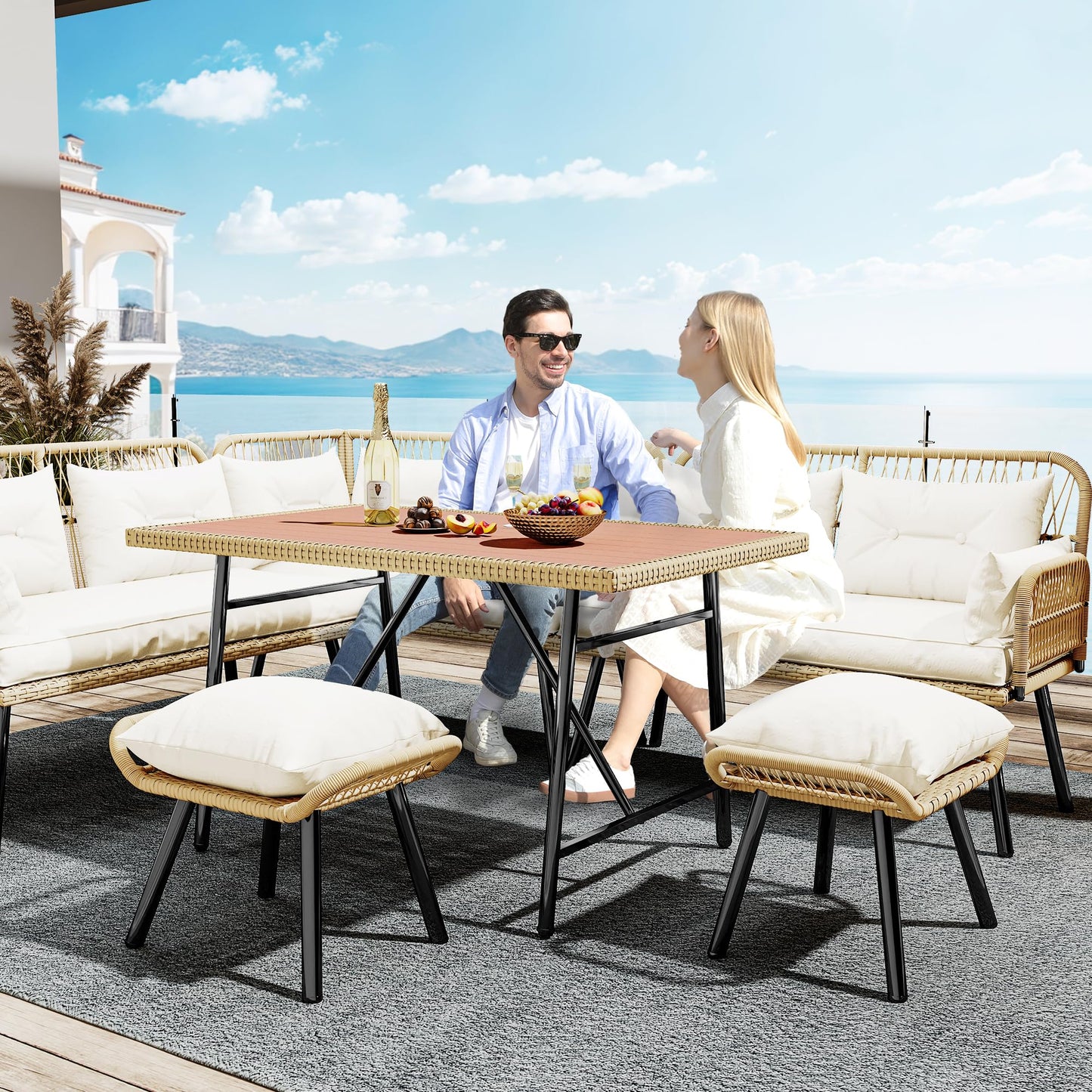 YITAHOME Patio Wicker L-Shaped Furniture Set, All-Weather Rattan Outdoor Conversation Sofa Set for Backyard Deck with Soft Cushions,Ottomans and Plastic Wood Dining Table (Light Brown+Beige)