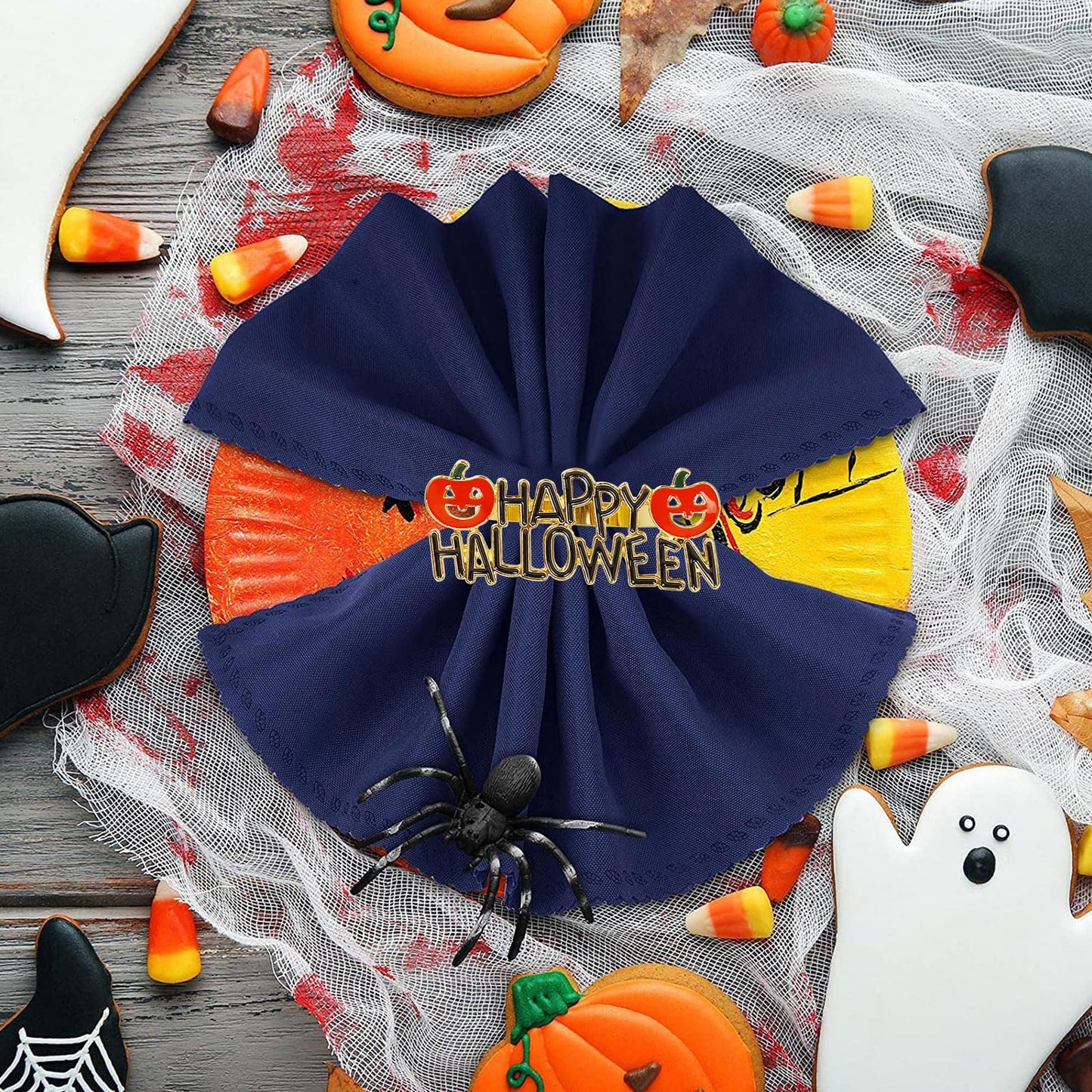 Getfitsoo Halloween Napkin Rings Set of 6, Happy Words With Orange Pumpkin Holders, Gold Metal Buckles for Party Decorations, Home Kitchen Dinner Table Setting