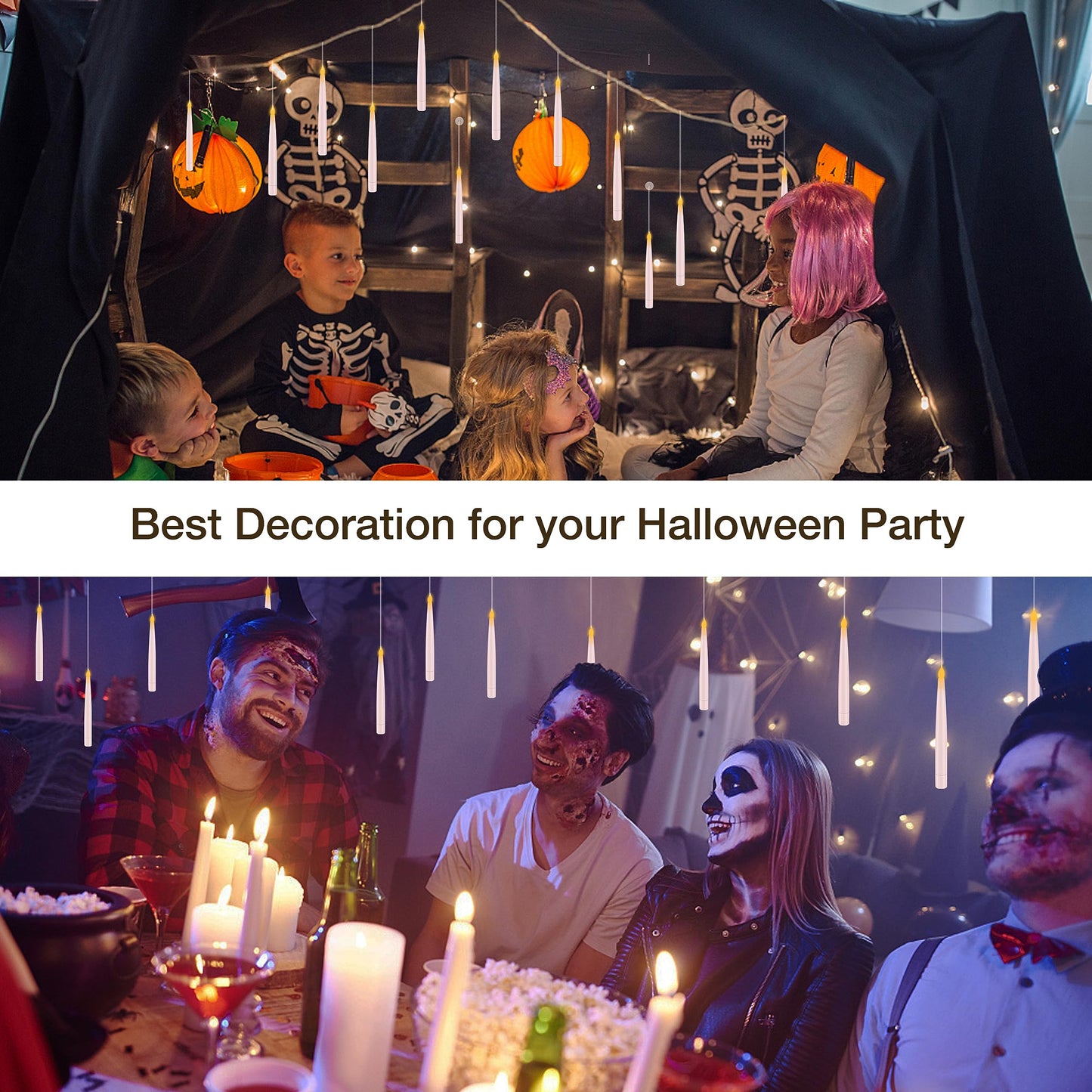 Halloween Decorations, Floating Candles with Wand, Magic Hanging Candles Flickering Warm Light Flameless LED Taper Candle with Wand Remote, Battery Operated Window Candles for Holiday Decor (12 Pack)