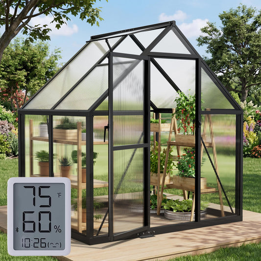 6x4FT Greenhouse with Hygrometer, Heavy Duty Aluminum Frame Polycarbonate Green House with Vent Window, Waterproof Windproof Warm Plant Greenhouses for Backyard Garden Vegetables Flowers Herbs Growing