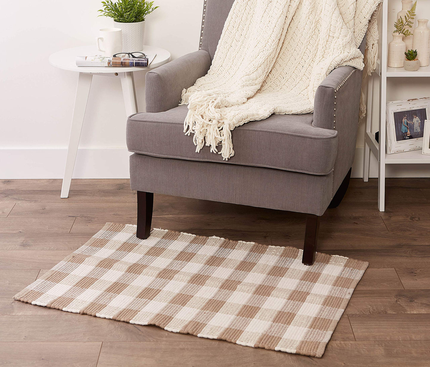 DII Buffalo Check Rug Collection, Hand Dyed Reversible Chindi Rug, 26x40, Stone/Cream
