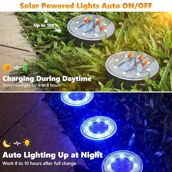 Joomer Solar Ground Lights, 16 Pack 8 LED Solar Lights Outdoor IP68 Waterproof Disc Light In-Ground Landscape Lighting Outdoor for Patio Pathway Lawn Yard Driveway Walkway (Blue)