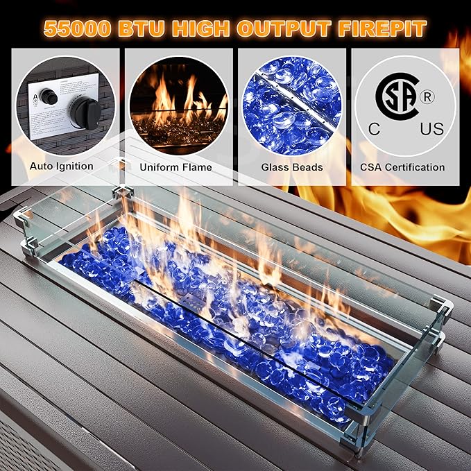 Kurapika 7 Pieces Patio Furniture Set, Rattan Outdoor Conversation Sets w/43in Propane Fire Pit Table and 4 Inch Cushion(Blue)