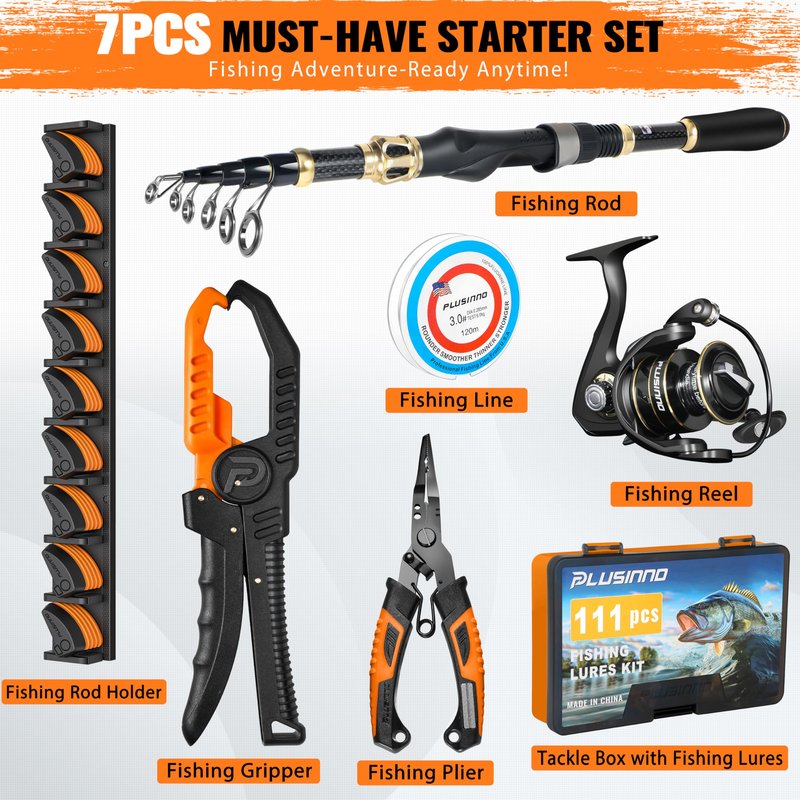 PLUSINNO Fishing Gear,Full Fishing kit Include Fishing Rod and Reel Combo, Tackle Box with Fishing Lures, Fishing Accessories, Fishing Pliers,Fishing Gifts for Men with Fishing Tool Kit