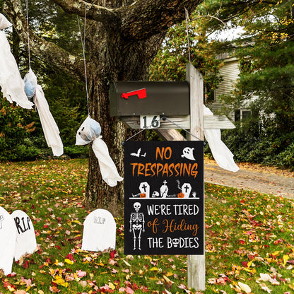 Halloween Skeleton Garden Flag - No Trespassing We're Tired of Hiding the Bodies Yard Flags Skull Ghost Burlap Double Sided Readable House Flags Trick or Treat Party Decors Supplies for Outdoor Lawn