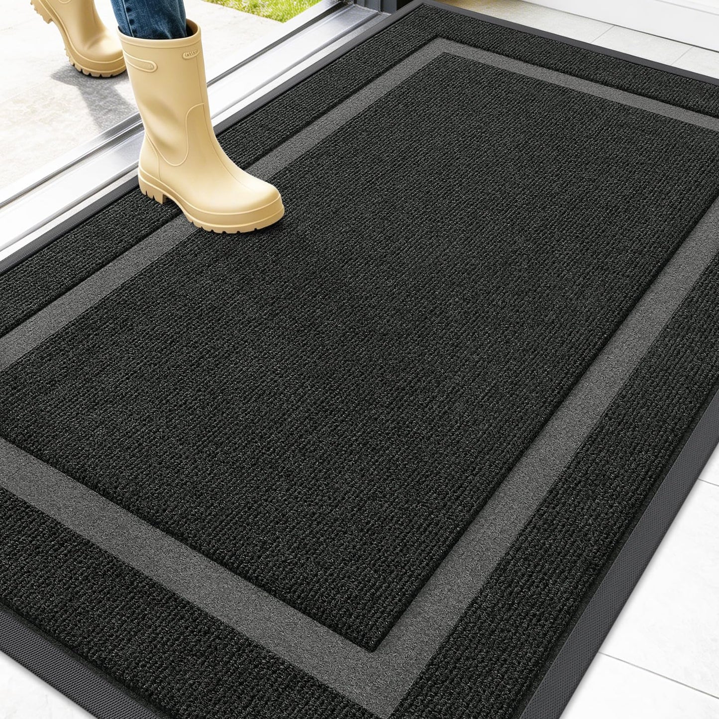 OLANLY Front Door Mat Indoor Outdoor Entrance, Waterproof All-Season, All-Weather Doormat, Sturdy Natural Rubber, Fade Resistant, Low Profile, Easy Clean Patio Porch Entryway Mat, 47x32, Black