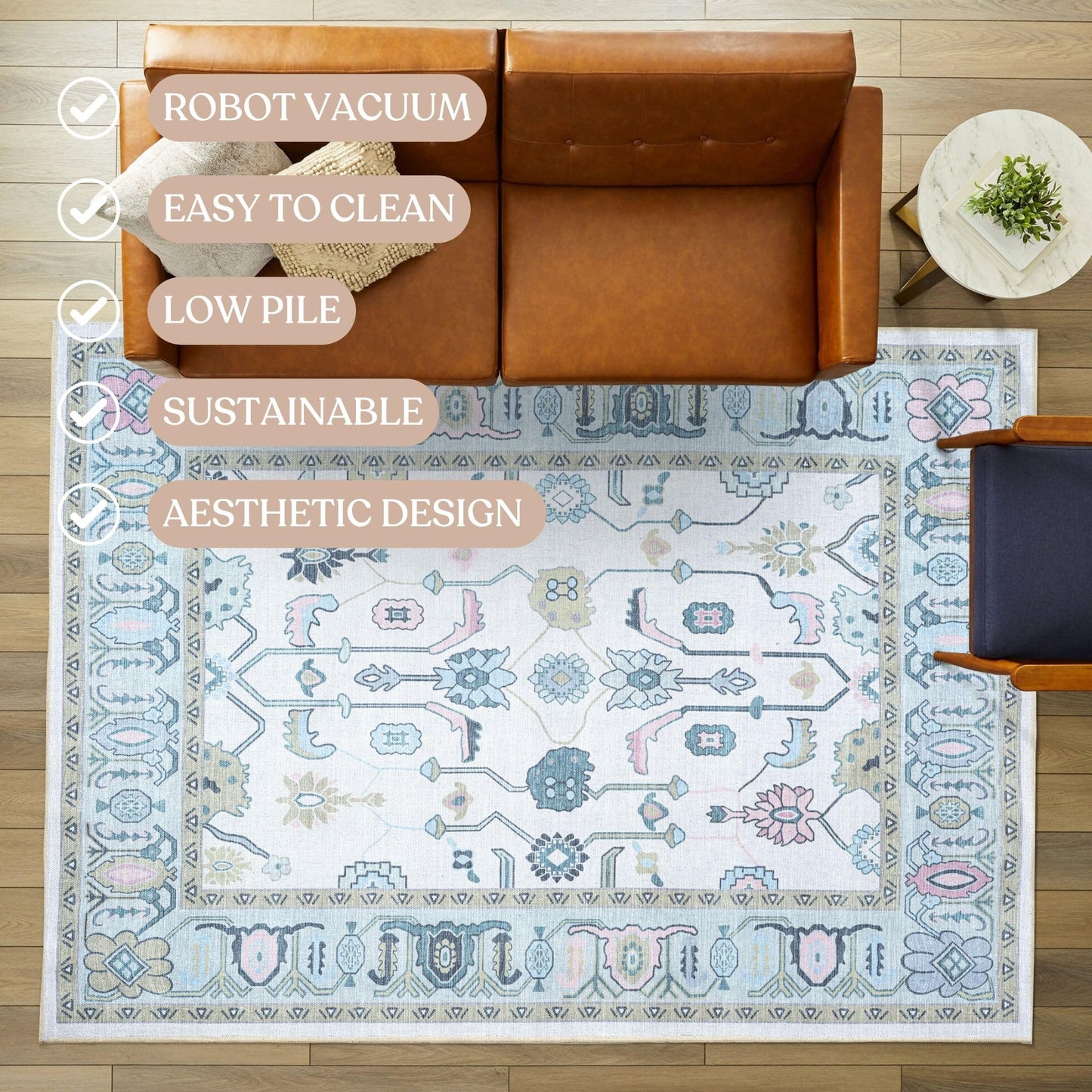 Fame Living Cream Green Oushak Rug, Modern, Vintage, Turkish, Eclectic, Floral, Pastel, Washable, Area Rugs for Living Room, Dining, Bedroom, Office, Entryway, Foyer, Playroom, Nursery, 5'x6'9"