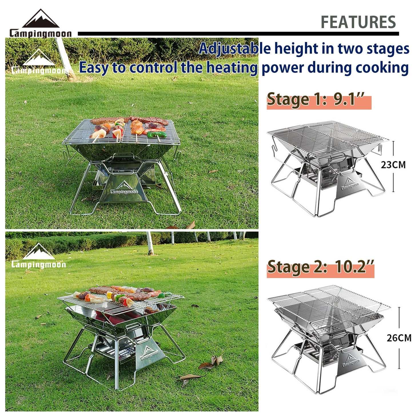 CAMPINGMOON Stainless Steel Foldable Camping Grills Portable Wood Burning Charcoal Grill 14-inch with Carrying Bag MT-2