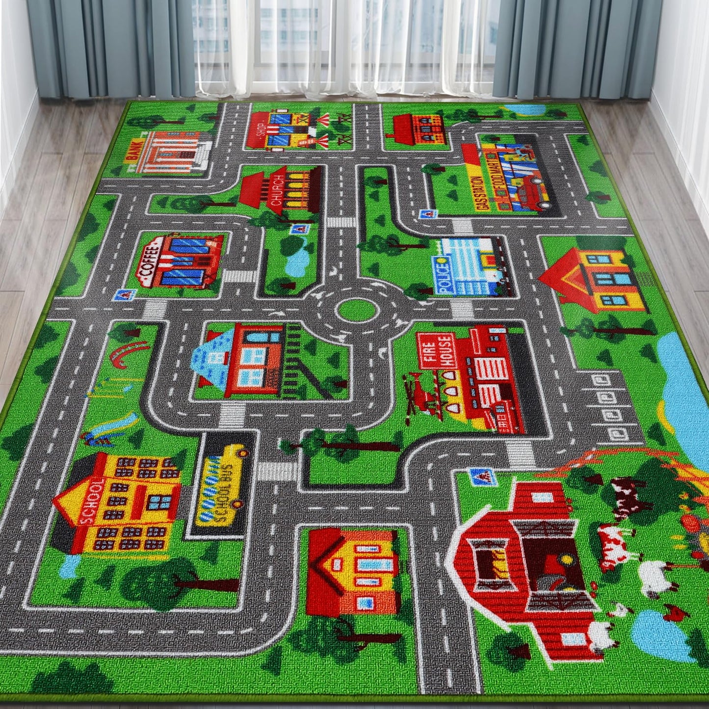 Kids Rug Car Carpet 78.7"x59", Car Rug for Kids Room Playroom Bedroom, Non-Slip Town City Road Map Rugs, Track Car Mat for Kids Boys Girls (78.7X59Inch,Green)