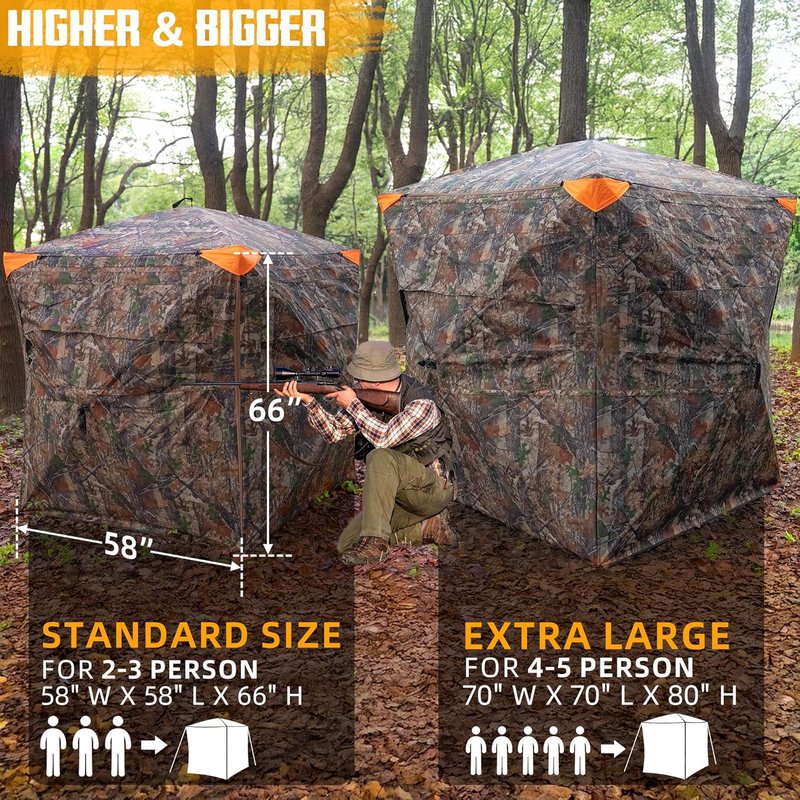 Hunting Blind - 360° See-Through Ground Blind with Chair & Floor Mat | 2-3 Person Camouflage, 58" W x 58" L x 66" H