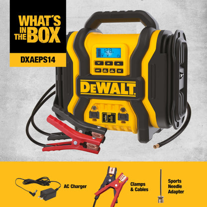 DEWALT DXAEPS14-Type2 2000 Peak Battery Amp 12V Automotive Battery Booster Jump Starter/Power Station with 120 PSI Compressor, 500W AC Power Inverter, and 15W USBa & 25W USB Ports