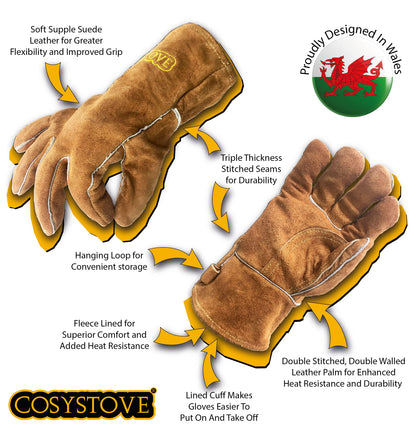 Cosystove Genuine Full Leather Heavy Duty Heat Resistant Gloves for Woodburner, Multi-Fuel Stoves Heavy Duty Safety Gauntlet Also for BBQs Pizza Ovens