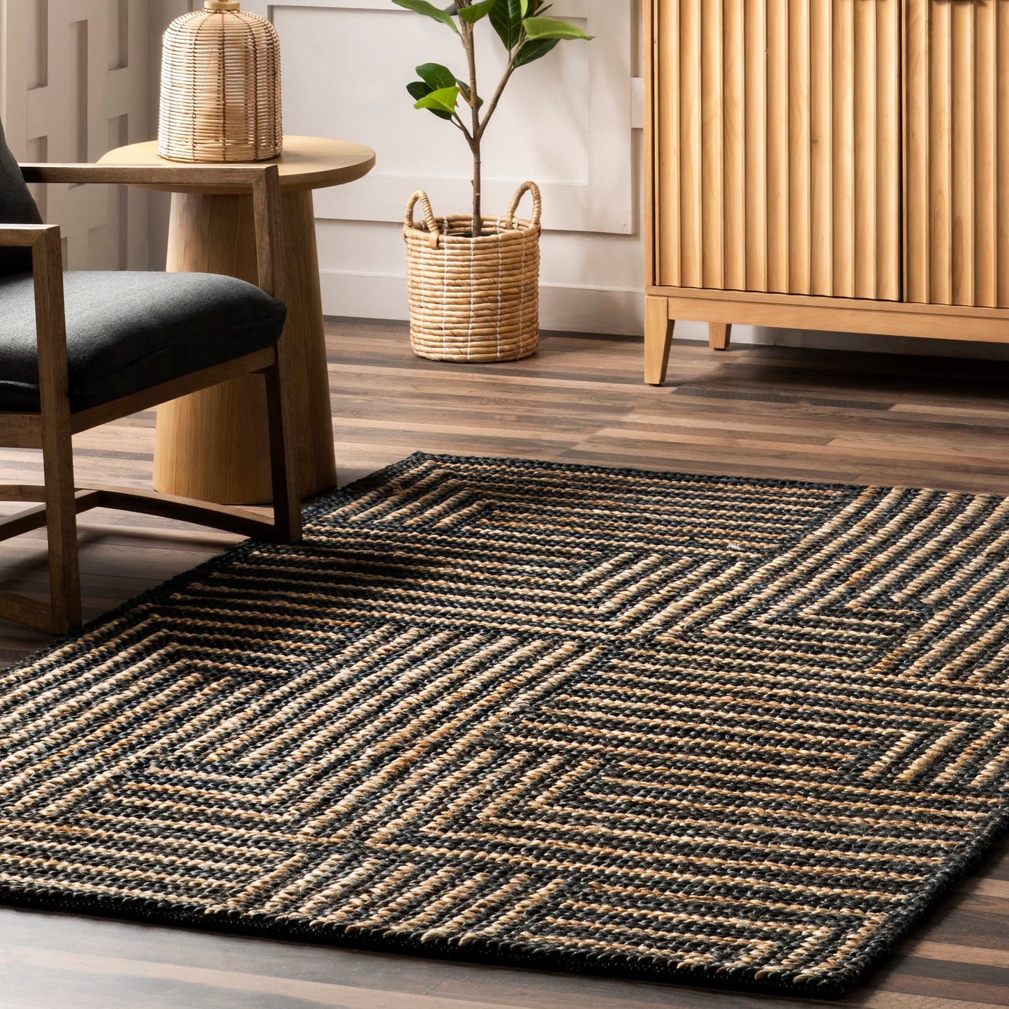 Rugs USA Liess Black/Natural, 9'6" x 13'6", Handmade, Geometric, Jute & Cotton, Soft and Textured, High Traffic, Stain Resistant, Easy Clean, Durable Area Rug for Bedroom, Living Room, Dining, Foyer