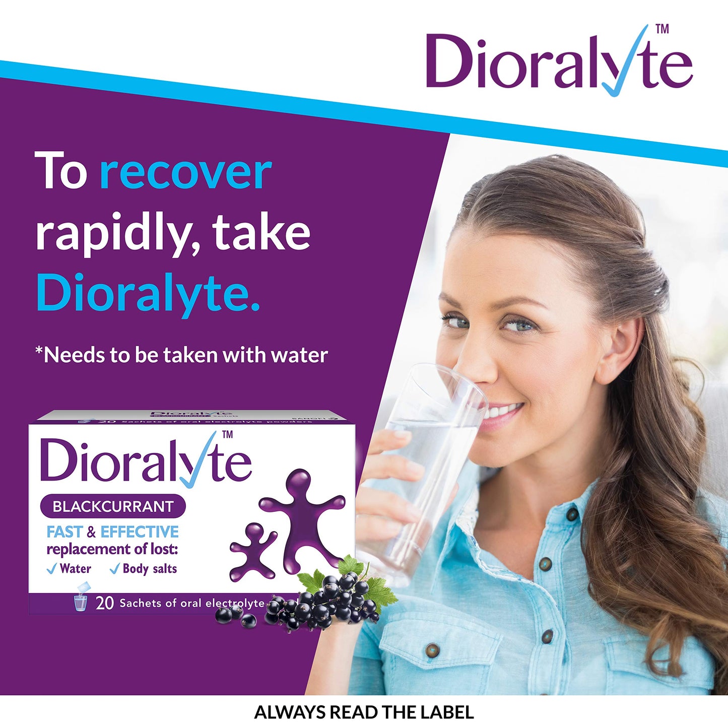 Dioralyte - Fast and Effective Supplement Treatment for Reducing Dehydration and Replacing Electrolytes (mineral salts) of Lost Body Water and Salts- Blackcurrant Flavour - 20 Sachets