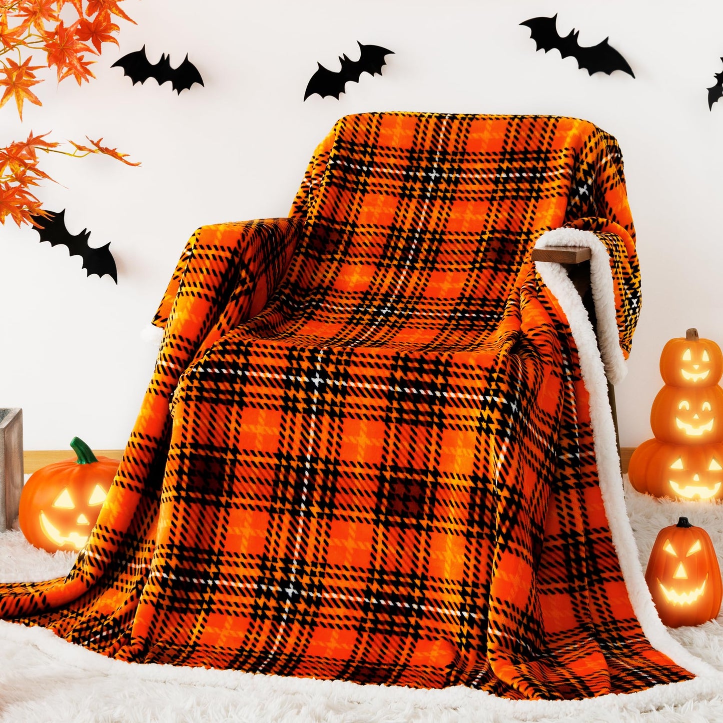 Touchat Sherpa Halloween Plaid Throw Blanket(60" X 70", Plaid Orange), Fuzzy Fluffy Cozy Soft Blanket, Fleece Flannel Plush Twin Size Microfiber Blanket for Couch Bed Sofa