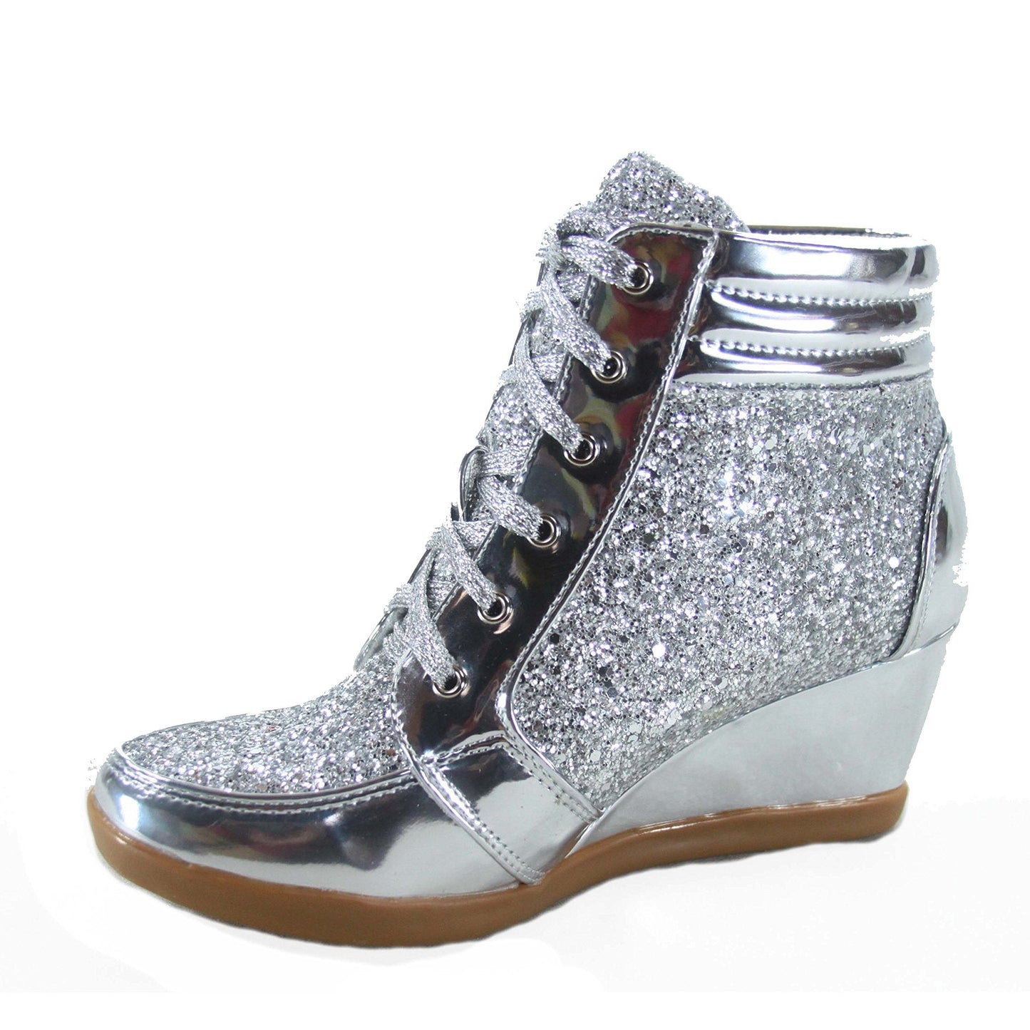 Forever Link Women's Fashion Glitter High Top Lace Up Wedge Sneaker Shoes,Silver,8.5