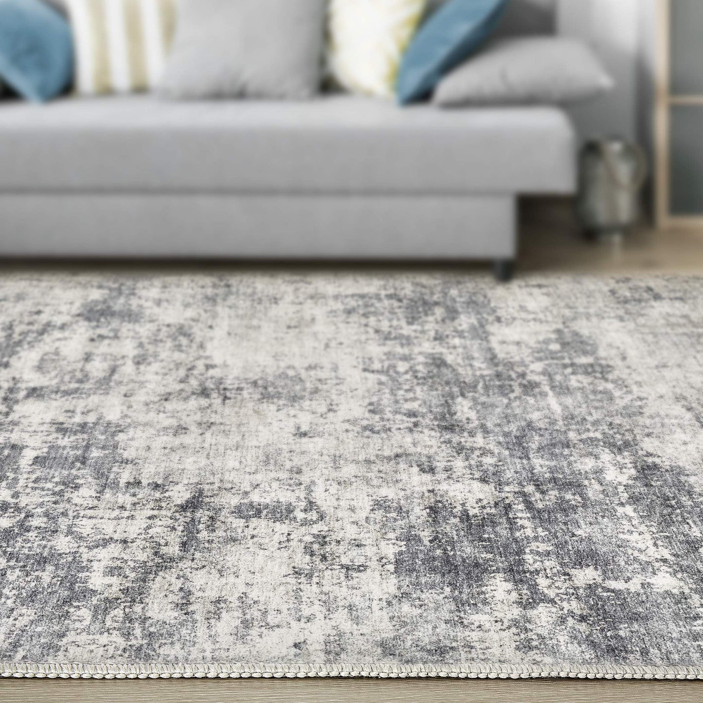 TARANCH Abstract 5x7 Area Rug: Machine Washable Non Slip Ultra Thin Low-Pile Carpet, Soft Stain Resistant for Living Room Bedroom Nursery, Kid Pet Friendly, Robot Vacuum Compatible - Dark Grey/Beige