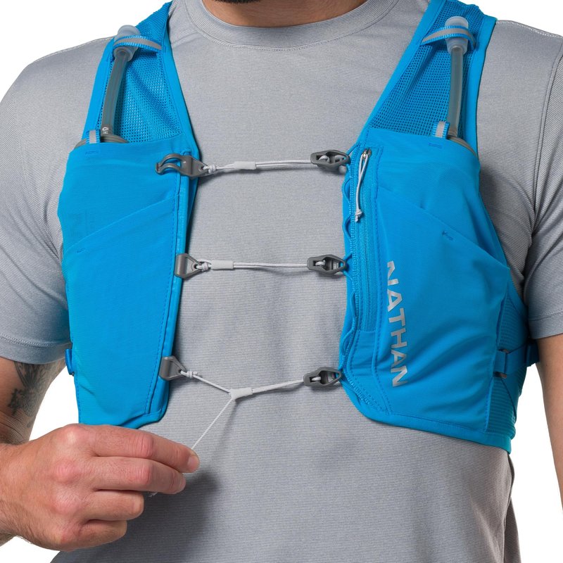 Nathan Unisex Hydration Vest - Lightweight, Quick-Fit Size Adjustment, Details, Includes Two 14oz Hydrapak Flasks, 4L Storage, Six Pockets for Running Essentials,Pinnacle Breeze, Electric Blue, L-XL