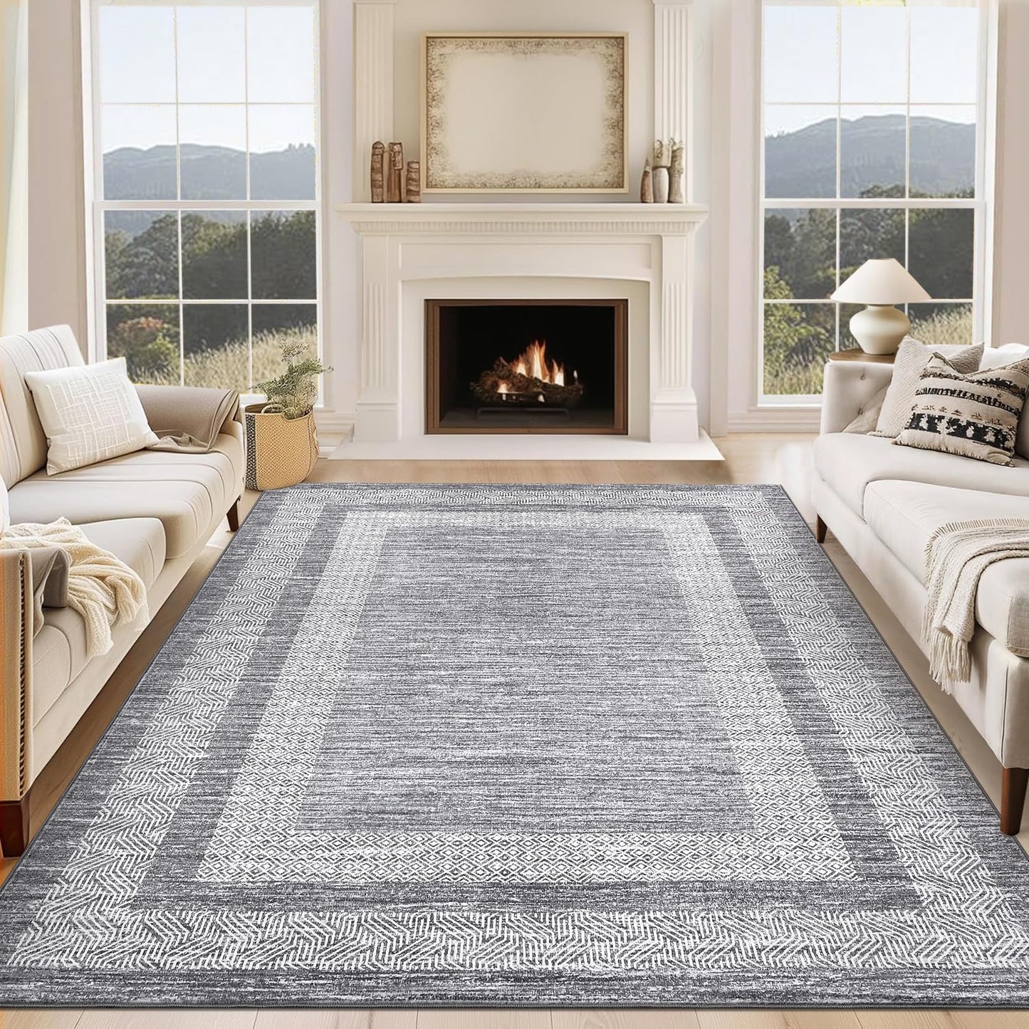 GarveeHome Modern Geometric Area Rug 5x7 Distressed Bordered Rug Washable Non Slip Floor Carpet Non Shedding Thin Rug, Soft Low Pile Rug, Contemporary Gray Rug for Dining Room, Living Room