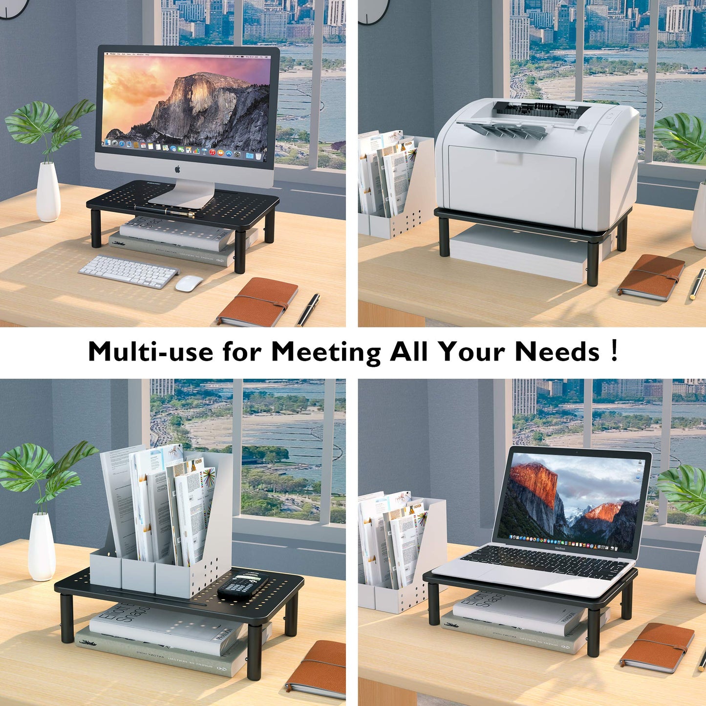 BONTEC Adjustable Monitor Riser for Desk, Ergonomic Metal Stand with 3 Height Levels (100/120/140mm), Mesh Surface for Airflow, Up to 20KG, Computer Stand, Cable Ties Included