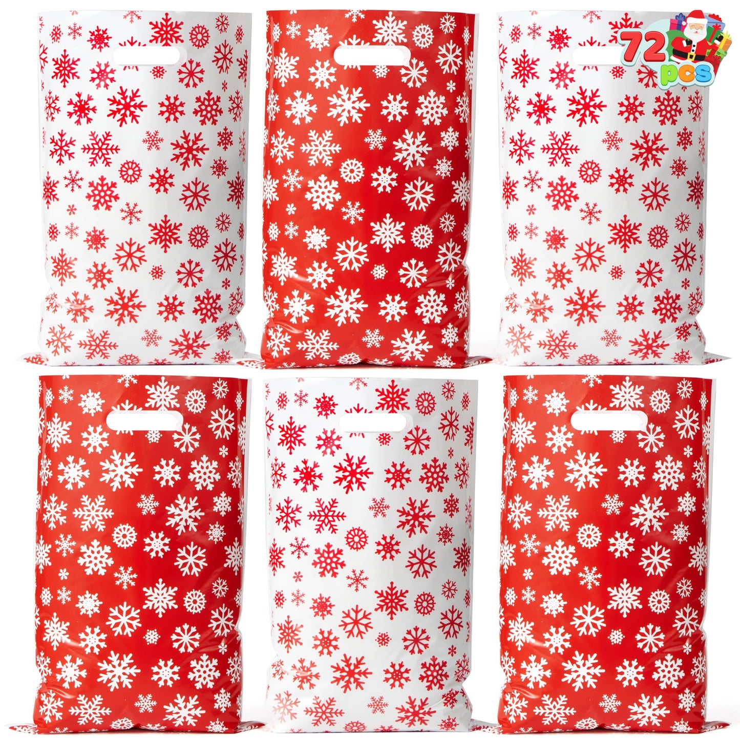 JOYIN 72 PCS Christmas Snowflake Bags for Xmas Holiday Goody Gift, 11" x 16"Christmas Snacks Plastic Shopping Bags with Handles for Present Wrapping, Party Decoration Supplies (Red White)