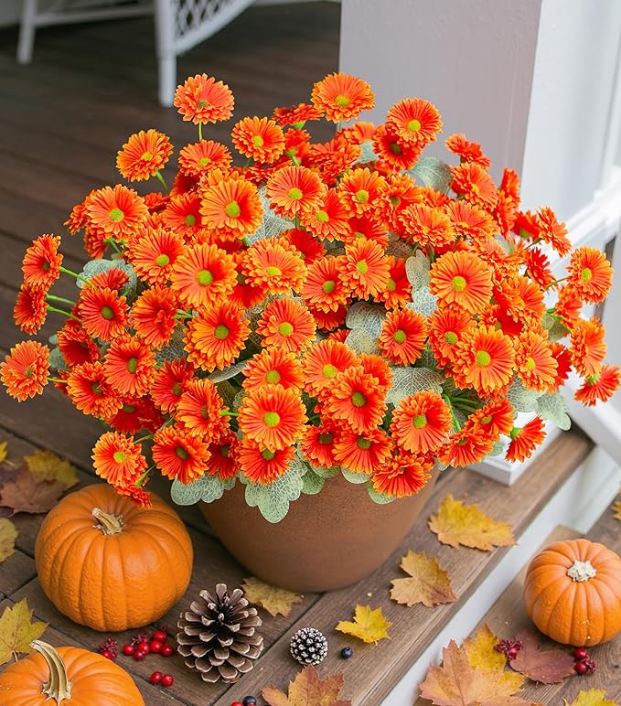 HyeFlora Dahlia Artificial Fall Flowers for Outdoors Autumn Decoration, 6 Bundles Fake Mums Orange Faux Flowers Plants Realistic UV Resistant Silk Flowers for Outside Planter Front Door Yard Garden