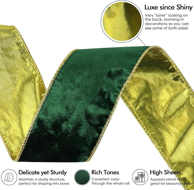 MEEDEE Crushed Green Velvet Ribbon with Gold Back 2.5 inch Double Sided Christmas Wired Ribbon 10 Yards for Christmas Tree Decoration, Baskets, Wreaths, Holiday Projects, Wedding Decor and Accents