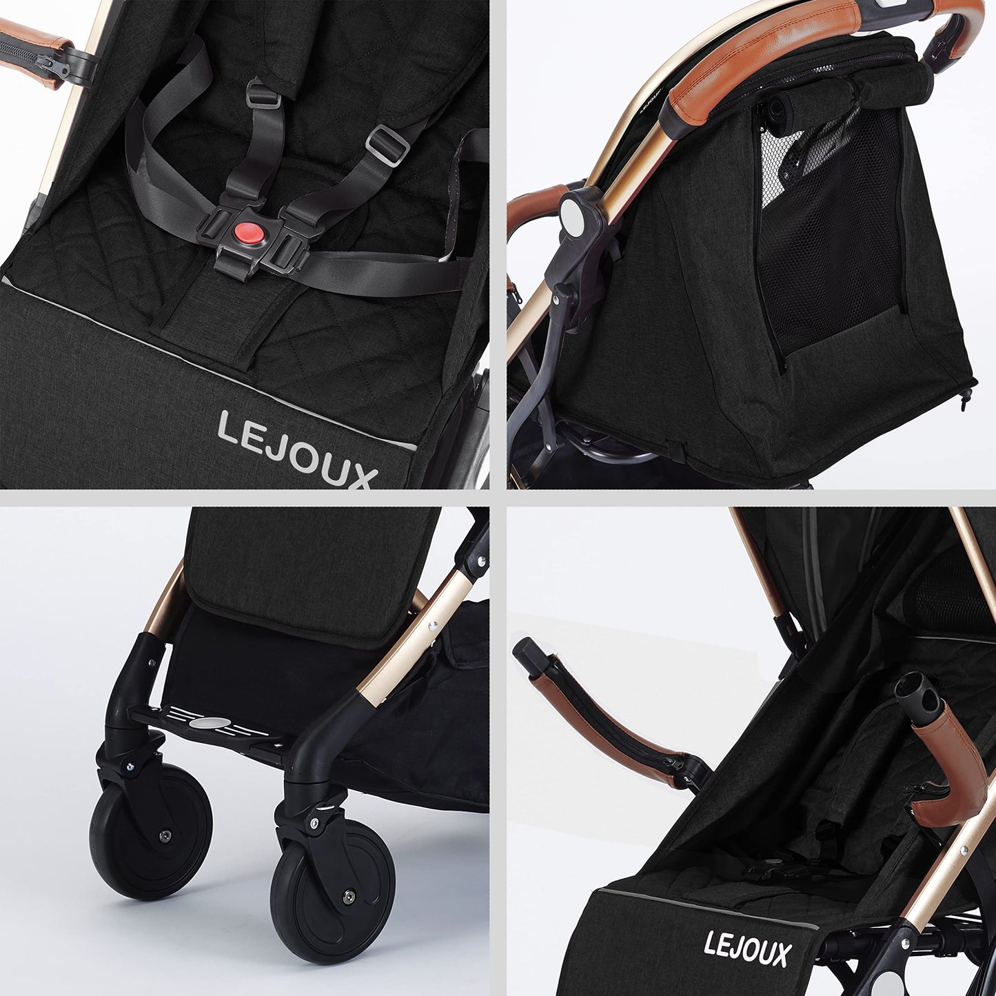 Lejoux™ Baby Pushchair Stroller– Lightweight Foldable Travel Buggy with 5-Point Harness, Adjustable Seat Back and Oversize Basket Folds with 1 Hand – Smooth Swivel Wheels Rain Cover (Black)