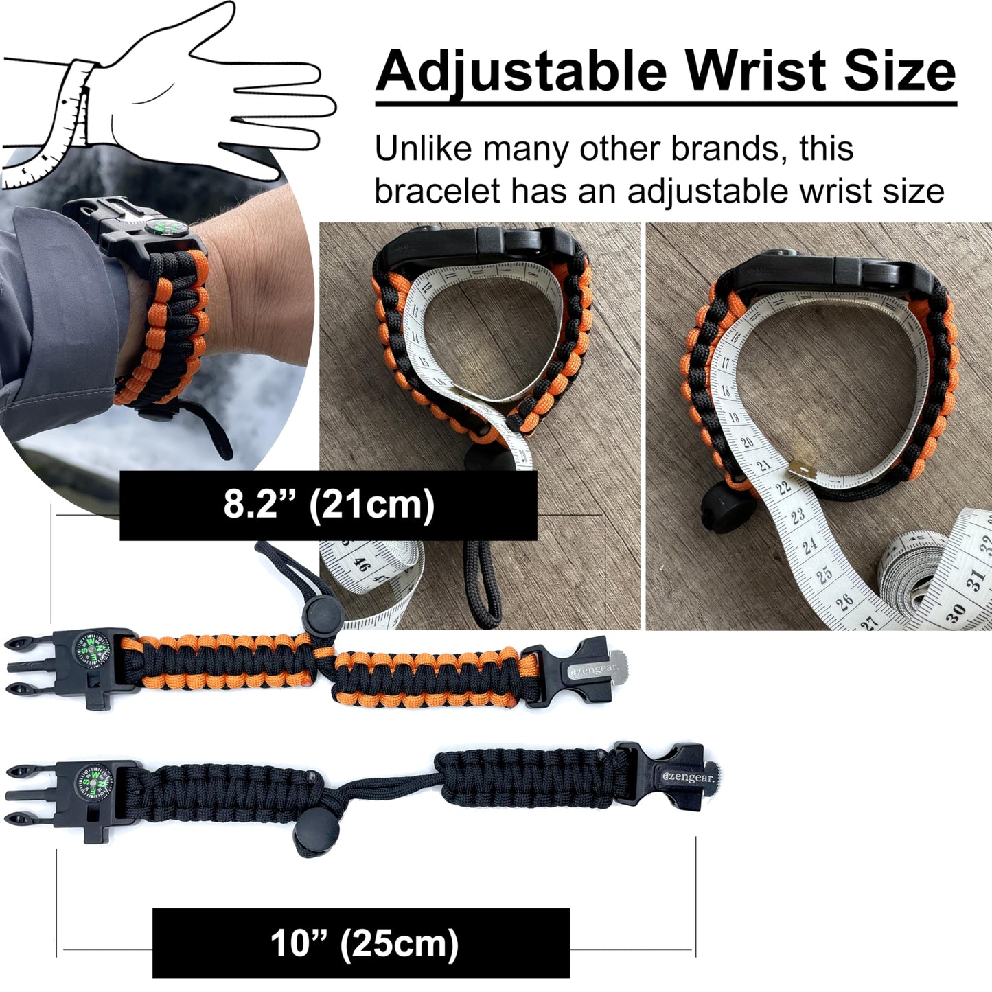 aZengear Paracord Survival Bracelet (2 Pack) | Flint Steel Fire Starter, Whistle, Compass, Mini Saw | Adjustable Wrist Band Size for Camping, Bushcraft, Emergency Kit (Black & Orange)
