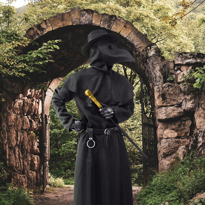 ATTBEA Halloween Costume Compatible for Plague Doctors with Bird Beak Mask, Black Cloak Robe with Hood, Medieval Monk Cosplay for Men priest Adults