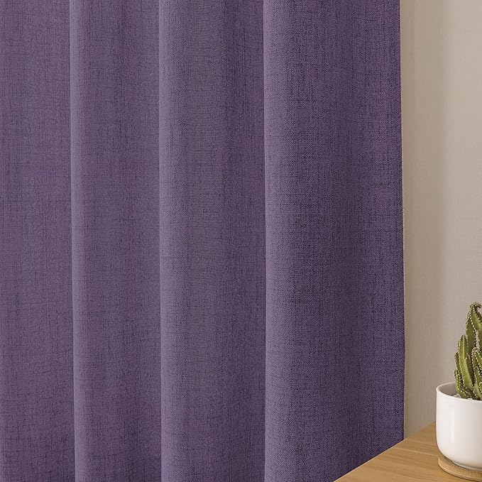 Tollpiz Linen Curtain Living Room Rod Pocket Semi Sheer Curtains Burlap Light Filtering Thick Linen Drape for Bedroom, 54 x 72 inches Long, Royal Purple, Set of 2 Panels