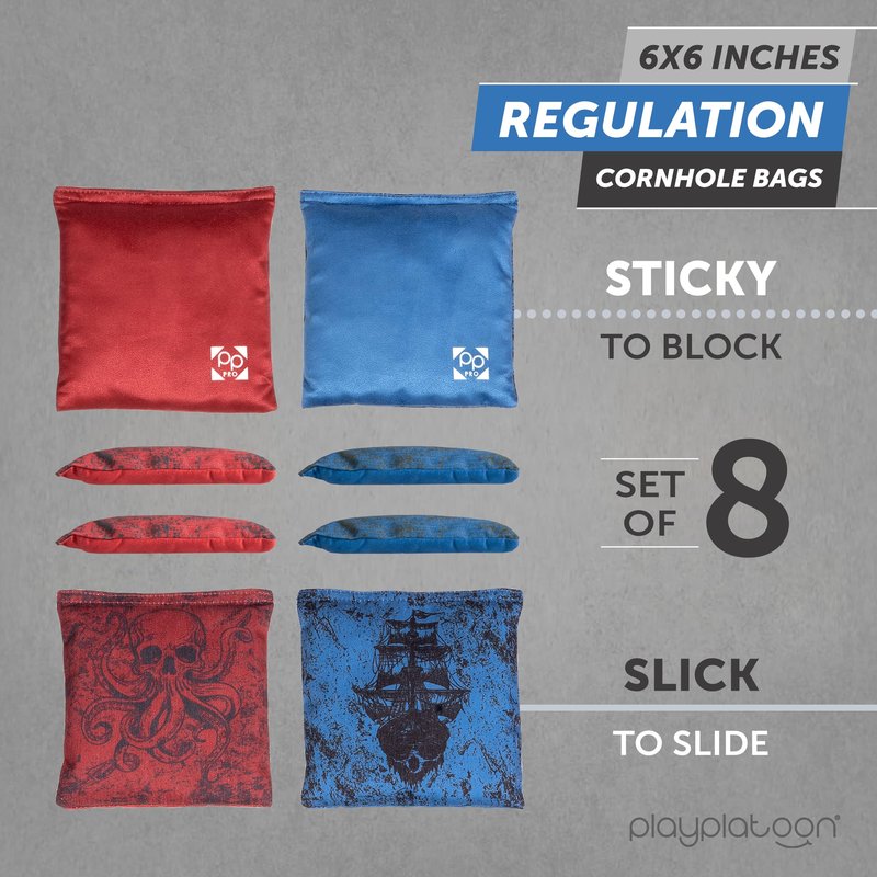 Play Platoon Professional Cornhole Bags Set of 8 - Regulation All Weather Double Sided Pro Corn Hole Bags - Sticky Side/Slick Side for Pro Cornhole Game - Red/Blue Kraken Pirate