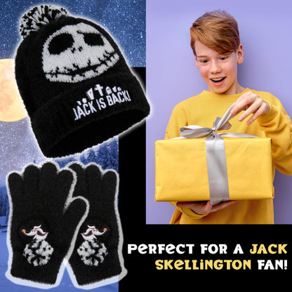 Disney The Nightmare Before Christmas Beanie Hat Gloves Set for Girls Teens, 6-14 Yrs, 2 Pc Set Travel Winter Gifts for Girls (6-14 Years, Black Jack)