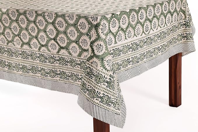 ATOSII Kari Green 100% Cotton Rectangle Boho Summer Tablecloth, Block Print Floral Table Cloth Linen for Dining, Parties, Wedding, Outdoors Home Decor 72 X 140 Inches I 12 Seater I