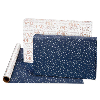 American Greetings Foil Christmas Wrapping Paper Rolls, Metallic Rose Gold and Navy Blue Holiday Gift Wrap (80 sq. ft., 4 Rolls-30 in. x 8 ft., Reversible) Snowflakes, Reindeer, Merry Christmas