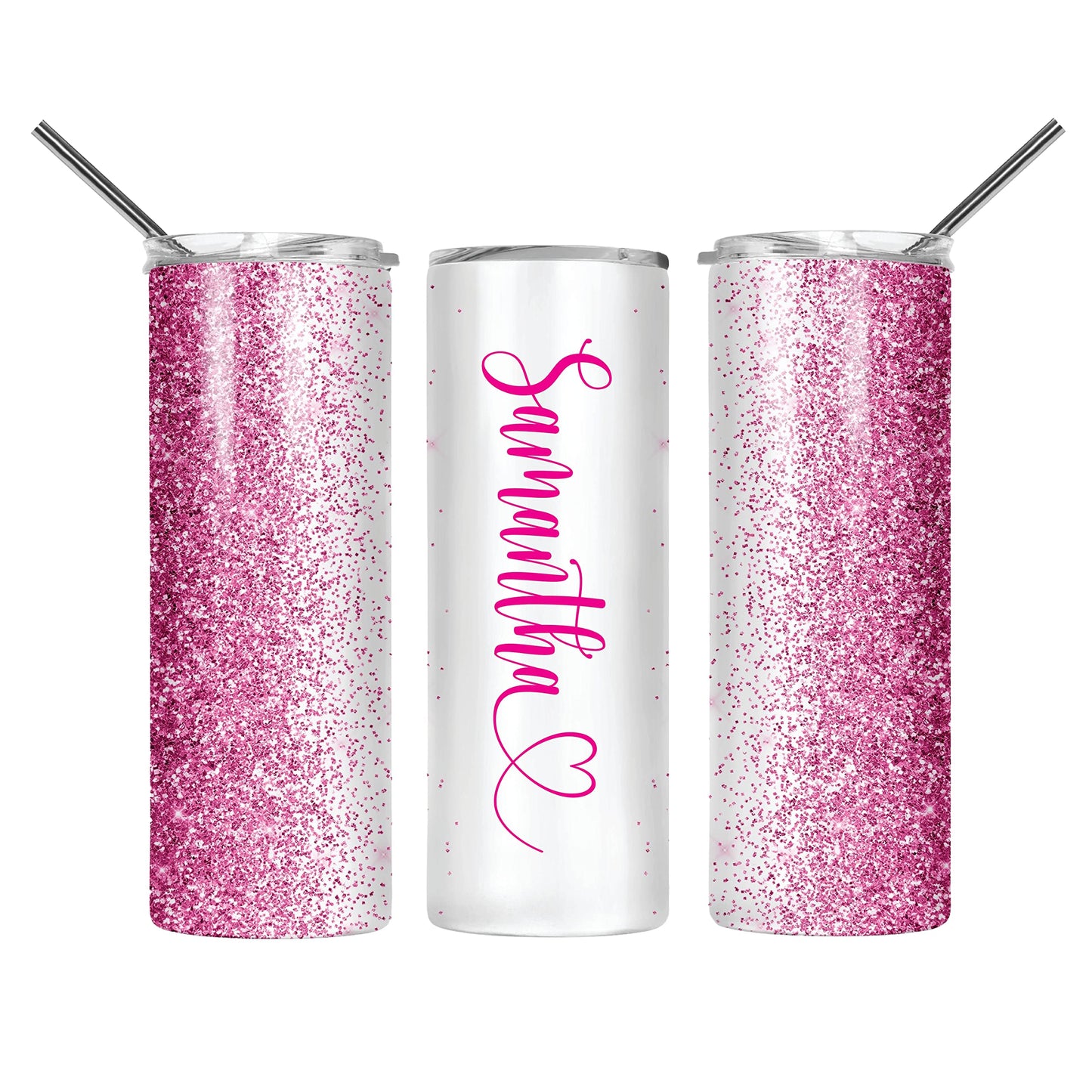Personalized Tumbler with lid and straw | 20oz Stainless Steel Insulated | Custom Gifts | Double Wall Coffee Cups for Hot, Cold Drinks | Pink tumblers Glitter effect with Name | 20oz Cup