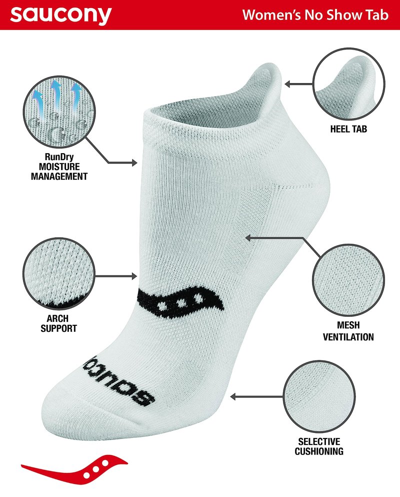Saucony Women's RunDry Performance 8, 16 Pairs Heel Tab Athletic Socks, S-L, Basic White (16 Pairs), Large