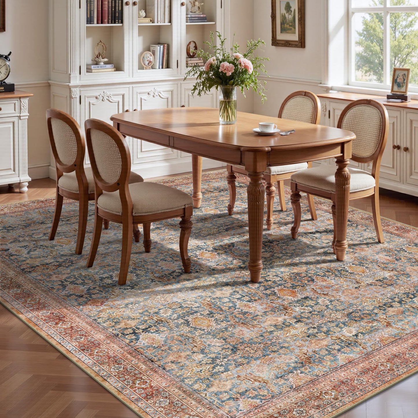 Yarooge 8x10 Area Rugs for Living Room - Washable Vintage Retro Large Rug, Soft Ultra Thin Non Slip Low Pile Traditional Distressed Boho Carpet for Bedroom Dining Room Home Office, Rust Clay