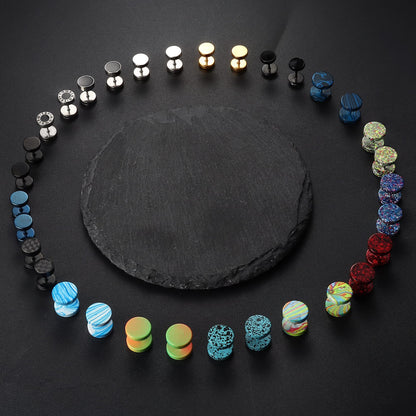 JeryWe 16 Pairs Stainless Steel Stud Earrings for Men Women Fake Gauge Screw Studs Earrings Set Barbell Ear Plugs Faux Gauges Ear Tunnel Earrings 8MM, Stainless steel