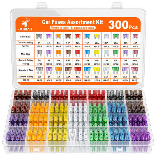 JOREST 300Pcs Car Fuse Assortment Kit, 160 Mini Blade Fuses Automotive + 90 Standard Auto Fuses + 50 Micro + Puller – Replacement for RV Camper Boat Truck (2Amp 3A 5A 7.5A 10A 15A 20A 25A 30A 35A 40A)