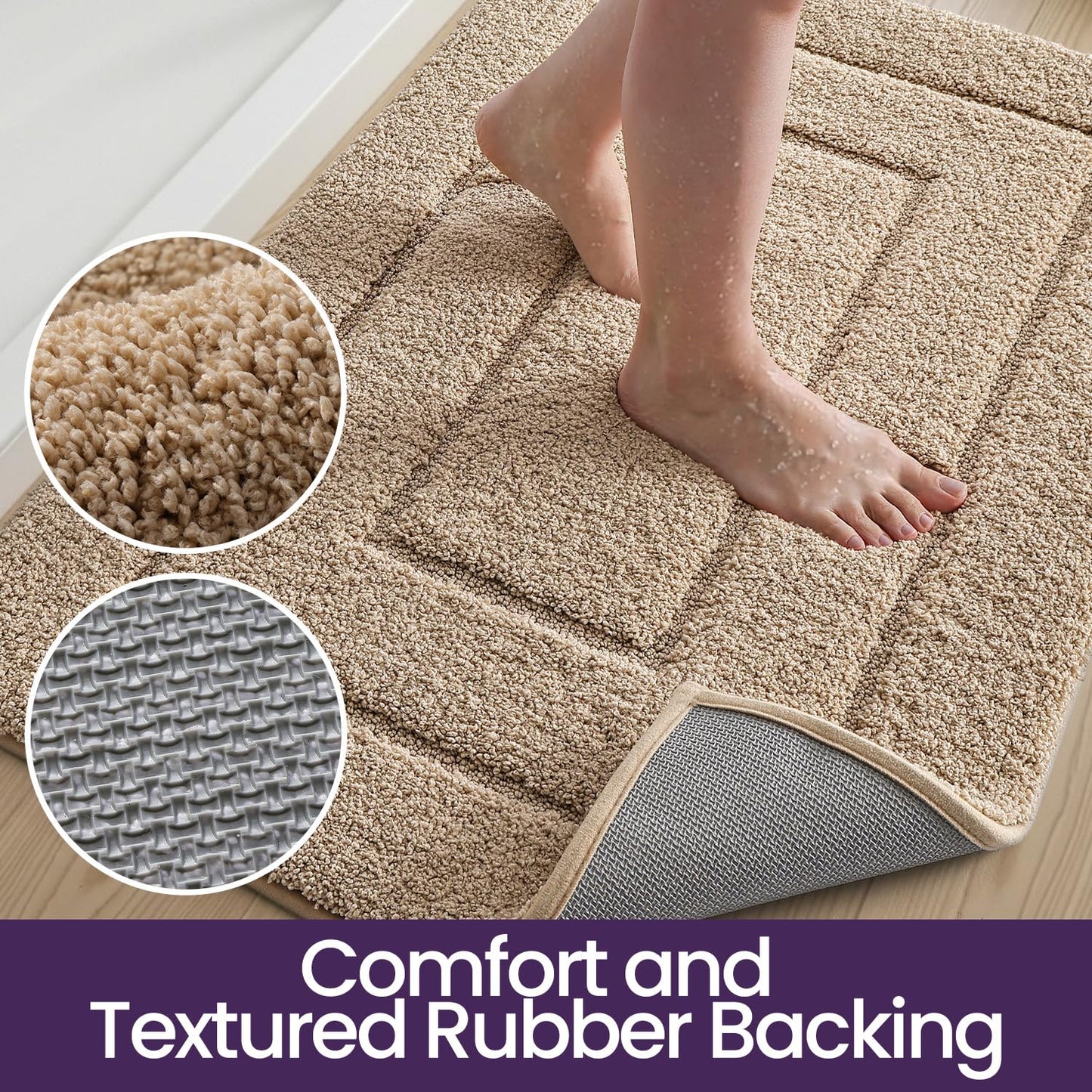 DEXI Bathroom Rug 32x20, Non Slip Washable Bath Mat for Shower Floor, Absorbent Soft Bathmat with Rubber Backing, Quick Dry Microfiber Carpet, Beige