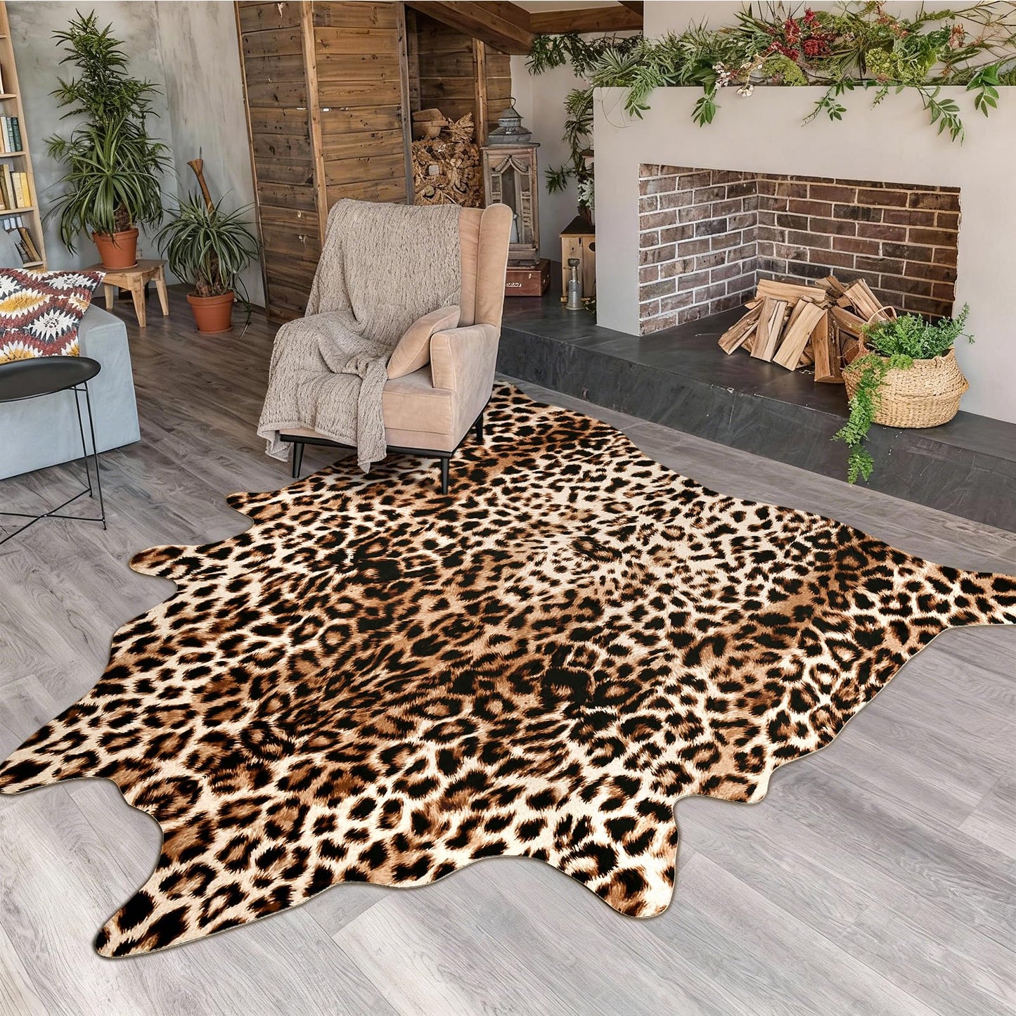 Pettop Luxury Faux Leopard Print Rug 4.6x5.2 Ft - Western Cheetah Area Rugs for Living Room, Bedroom, Farmhouse - Premium Western Faux Fur Carpet, Non-Slip Animal Hide Throw Rugs, Dark Brown
