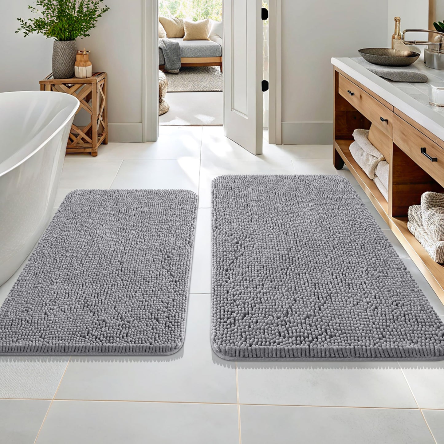 OLANLY Bathroom Rugs Sets 2 Piece, Soft Absorbent Chenille Bath Mats Area Rug Set, Non-Slip, Quick Dry, Machine Washable Bath Mats for Bathroom, Home Decor Accessories (36"x24"+30"x20", Grey)