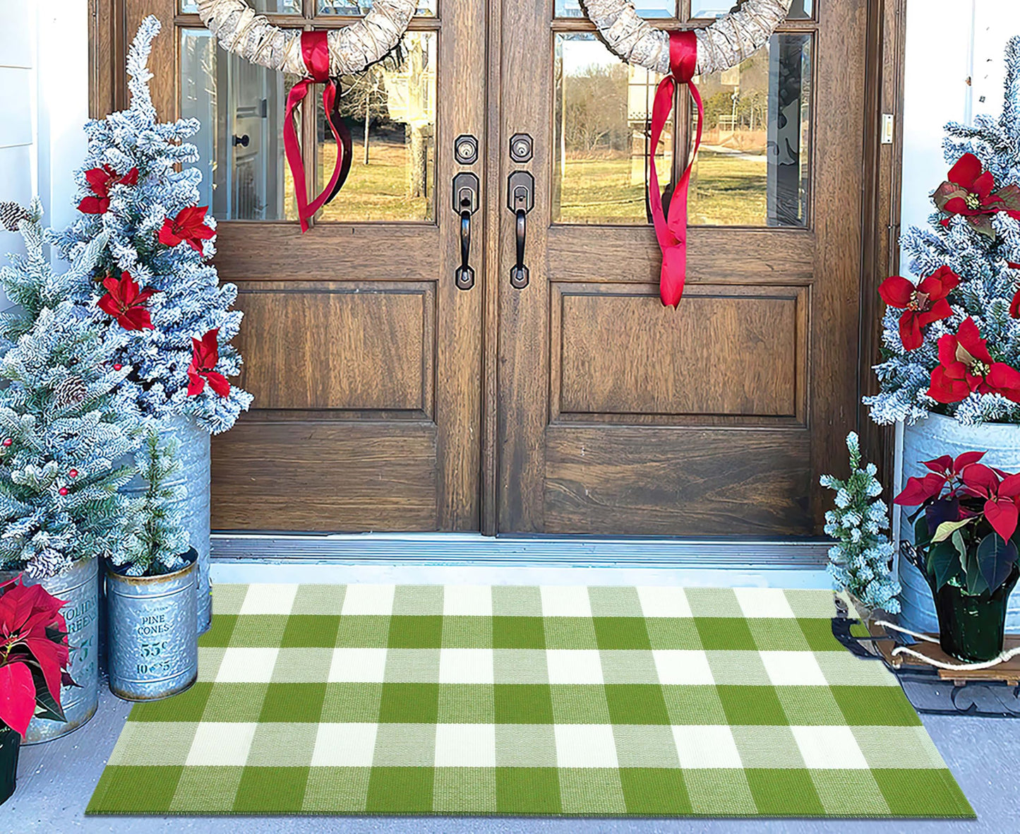 Green and White Buffalo Outdoor Rug 24''x51''Checkered Plaid Front Porch Rug Cotton Woven Machine Washable Door Mat Outdoor for Layered Doormat Hello Welcome Door Mat Kitchen Farmhouse Entryway