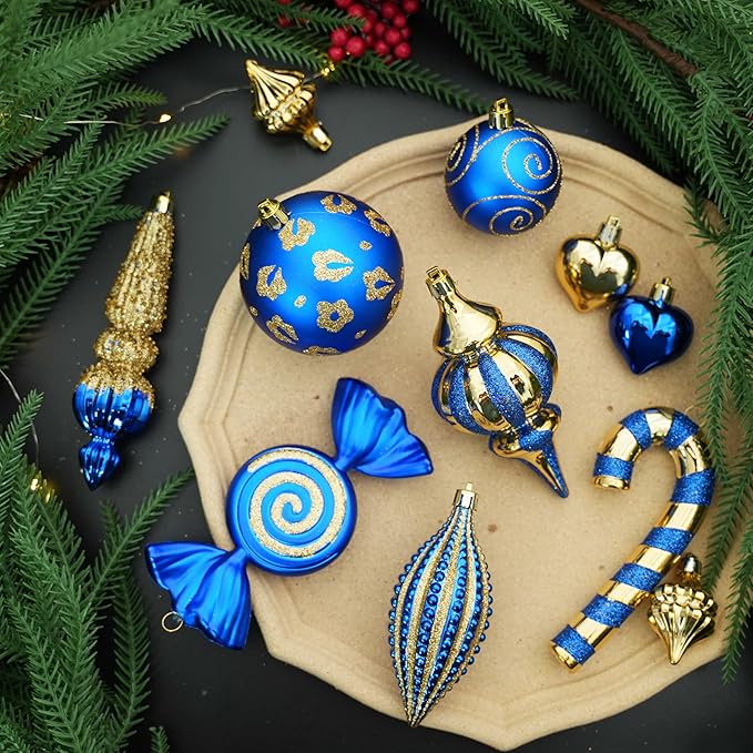 SHareconn 145pcs Christmas Balls Ornaments Set, Shatterproof Plastic Baubles Snowflakes, Stars and Tree Topper for Xmas Tree Holiday Wedding Party Decorations with Hanging Strings, Gold and Blue