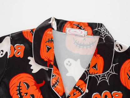 Hupohoi Unisex Girls Boys Kids Pajama Sets Button Down Satin Sleepwear Nighty 3PCS Silky Lounge Sets Nightwear Short Sleeve Long Pants, 3pcs-Pumpkin, 10