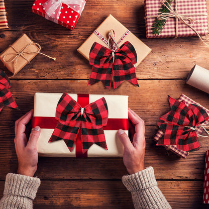 Syhood 20 Pieces Christmas Plaid Bows Ornaments Buffalo Plaid Burlap Bows for Christmas Wreaths Gift Wrapping Tree Crafts DIY Home Party Indoor Outdoor Decoration Supplies (Black and Red)