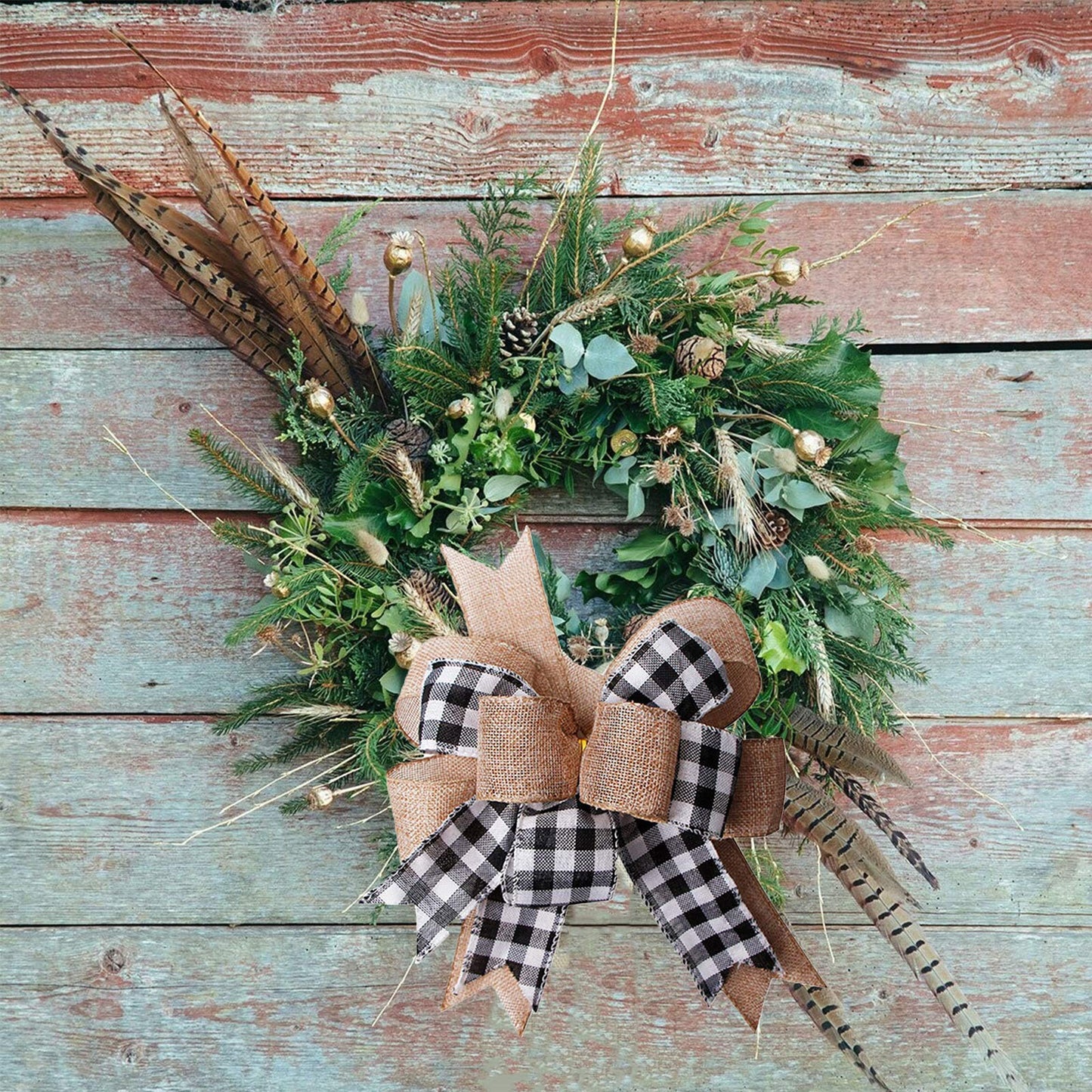 Black White Buffalo Plaid Burlap Wreath Bow Double Layed Gift Bows Wreath Bow Wall Ornaments Christmas Tree Topper Bows for Holiday Home Front Door Decorations, 12 x 9.4 inch