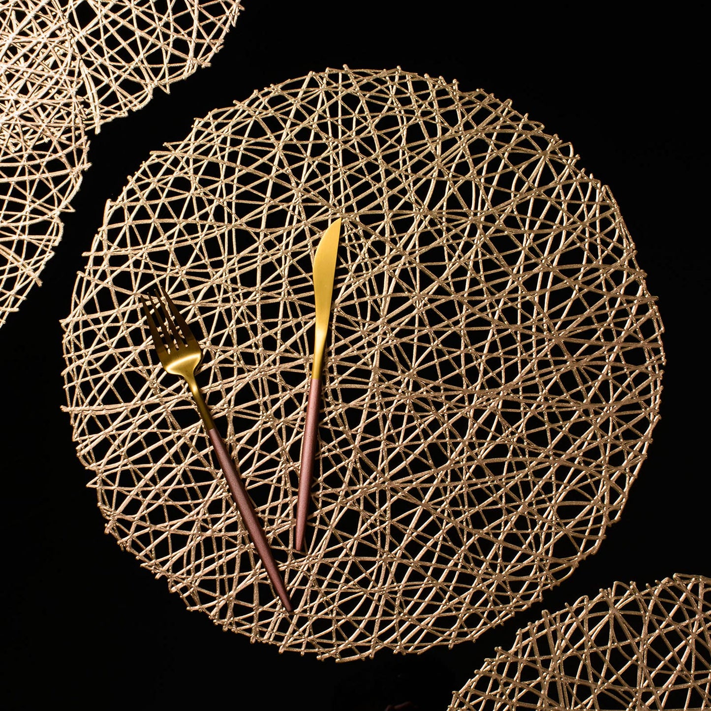 FunWheat Round Gold Placemats Placemat Set of 6 Hollow Out Place mats Heat-Resistant Shining 15 inches Table Mat Decorative Gift (Nest Gold)